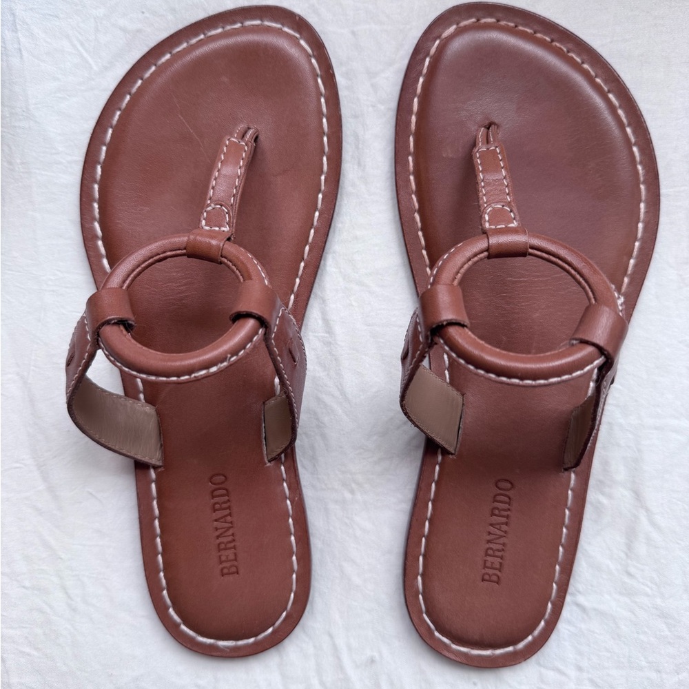Bernardo Tan Leather Ring-Front Slide Sandals